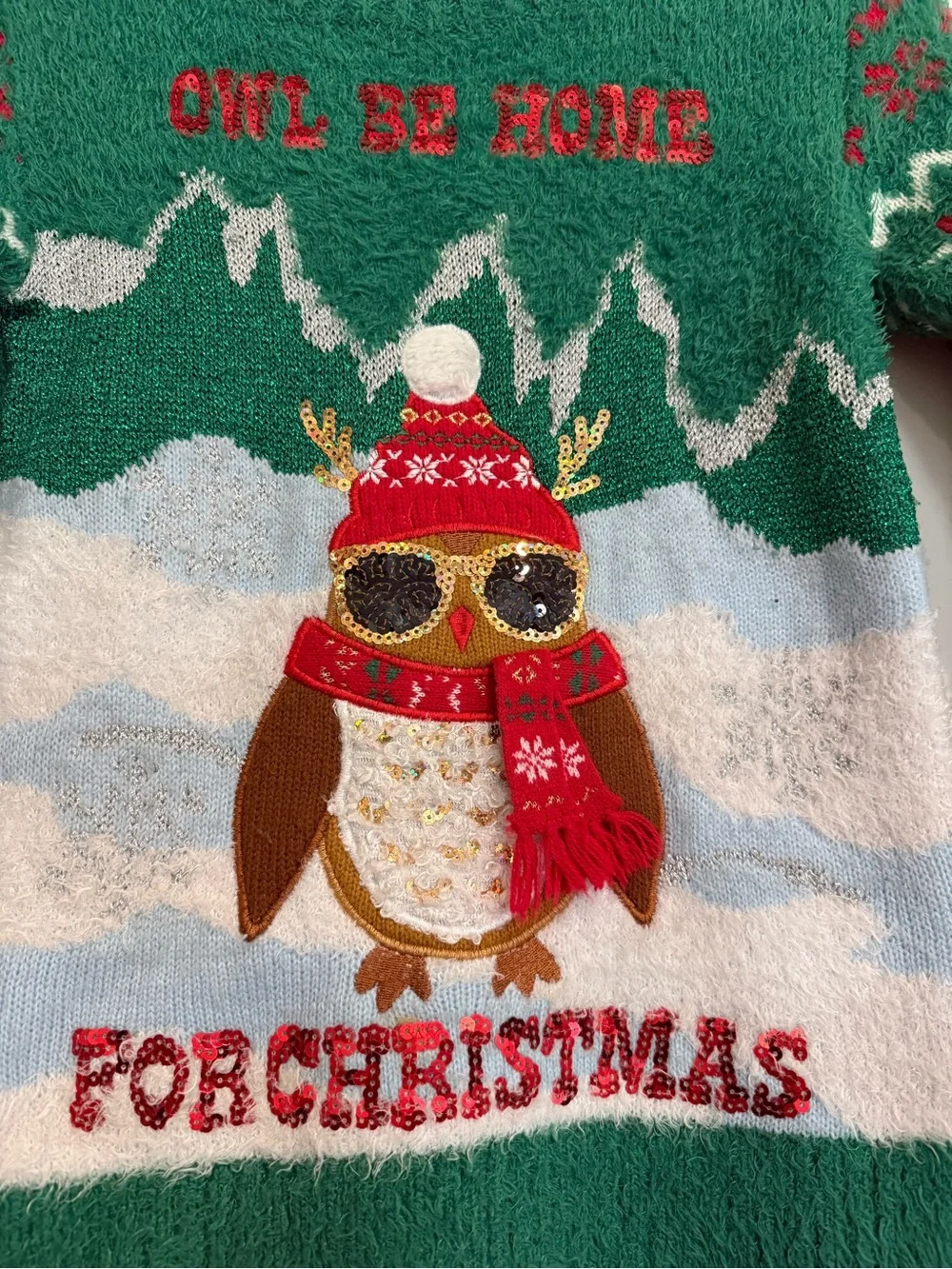 Girl’s Green Christmas Owl Sweater
